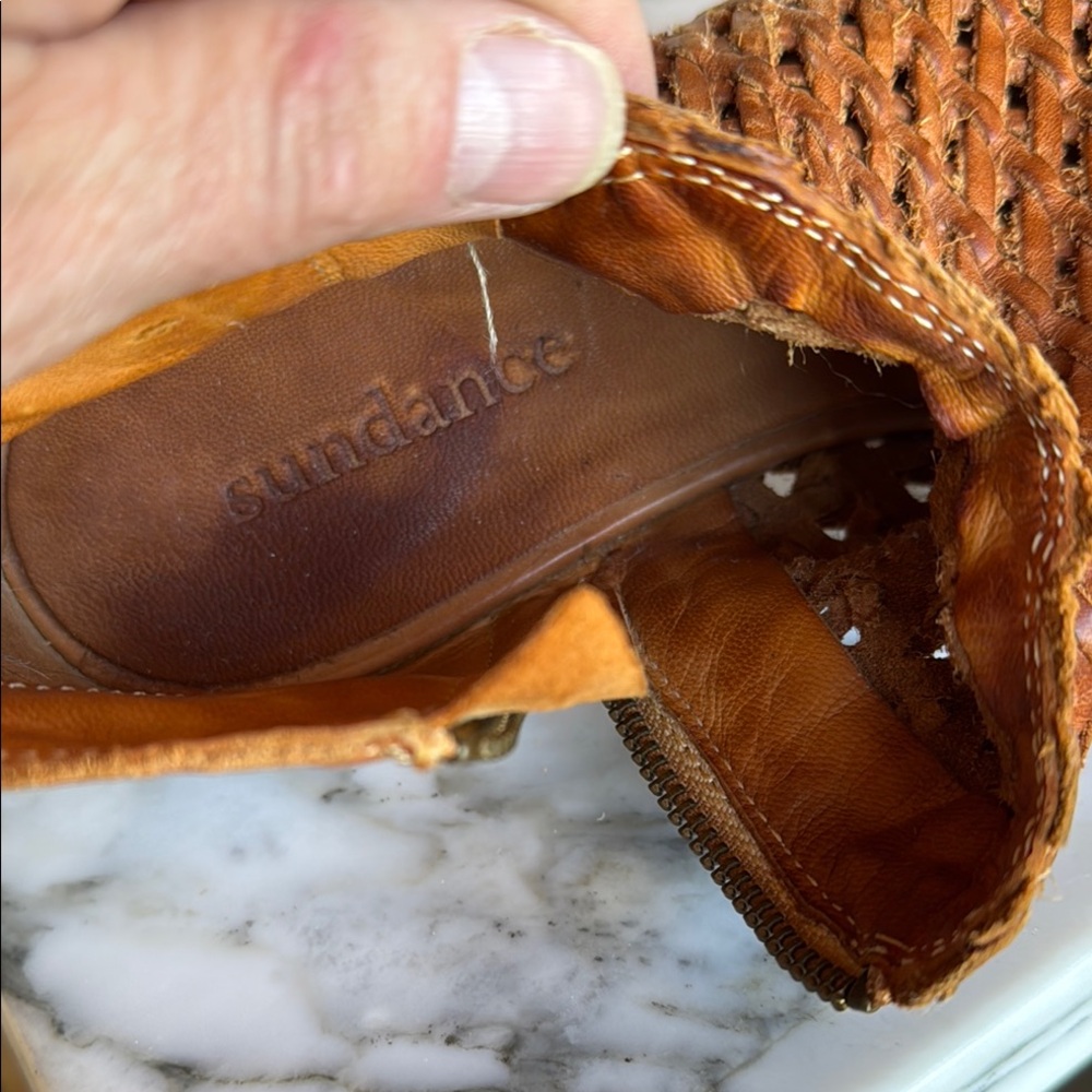 Sundance Woven Leather Peep Toe by Booties Cognac Back Zip Boho Women’s 38/7.5 - Picture 15 of 16